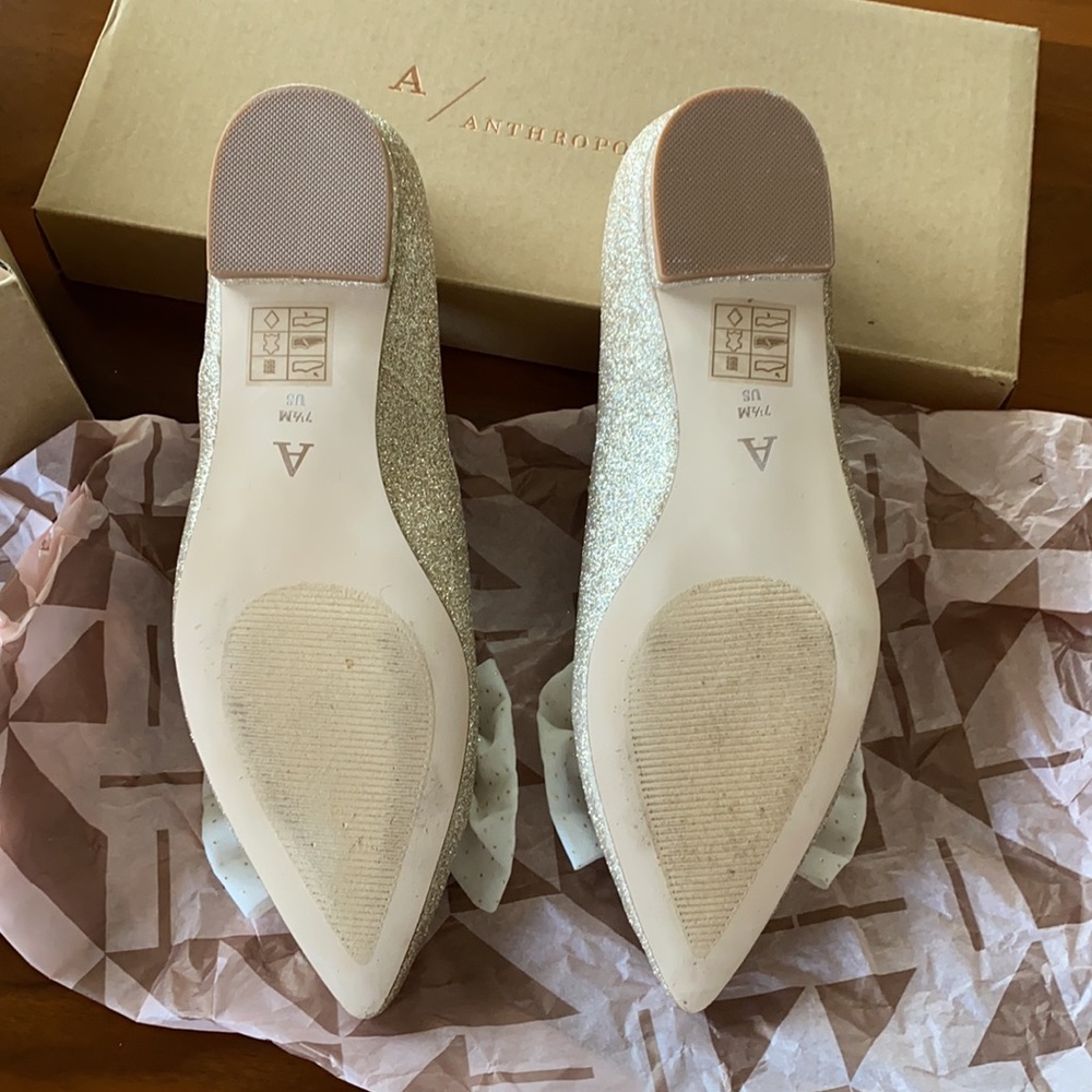 Anthropologie Gold Glitter Flats with Cream Bow - Picture 3 of 12